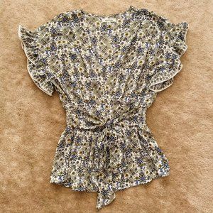 Max Studio Flowy White Top with Navy, Green, and Yellow Floral Print
